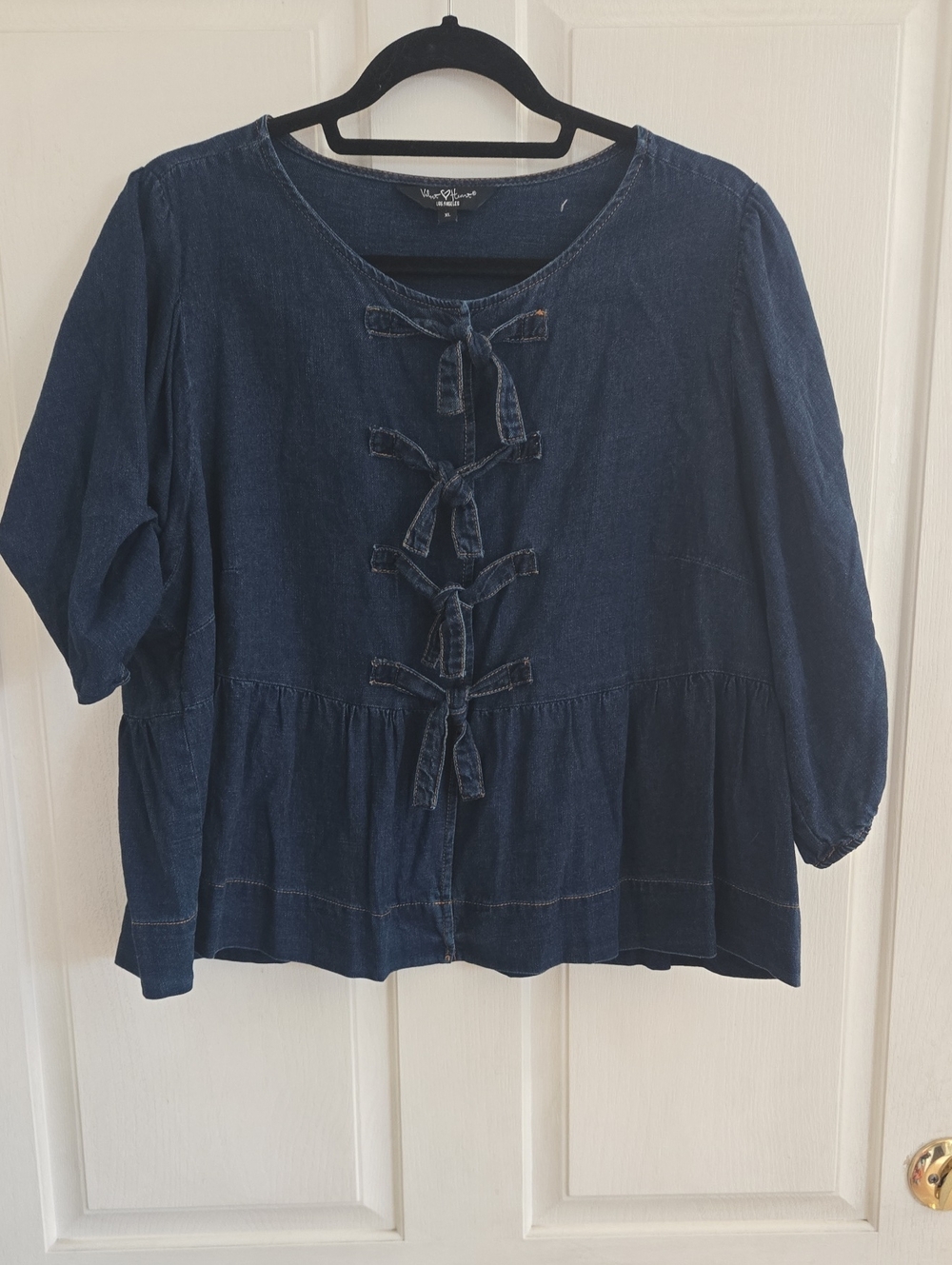 Velvet Heart Indigo Denim Tie-Front Peplum Blouse